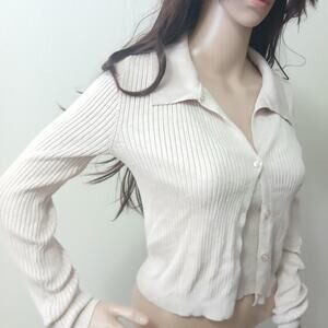 Cream ribbed long sleeve cropped sweater‎ set